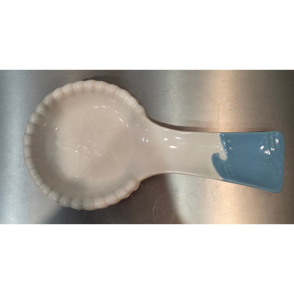 Coastal Ceramic Starfish Spoon Rest White Blue Wave Scalloped Edge‎
